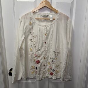 Orvis Cotton Silk Embroidered Beaded Blouse Floral Boho Scoop Neck Medium
